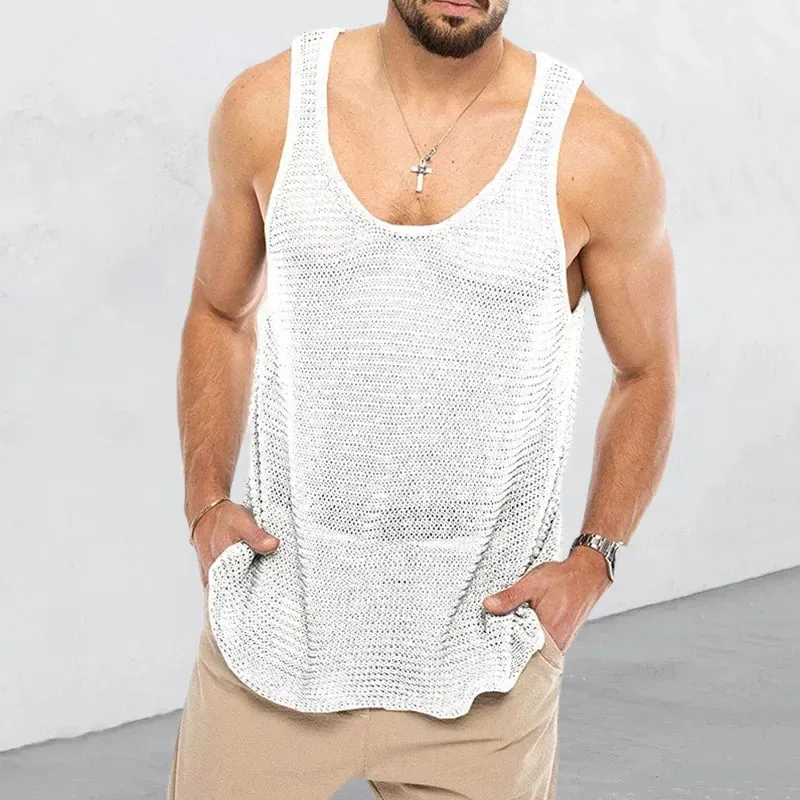 Aidase Men Summer Knitted Tank Top Loose Sleeveless Sportswear Tops Boys Casual Fitness Bodybuilding Breathable Tees Plus Size Xxxl