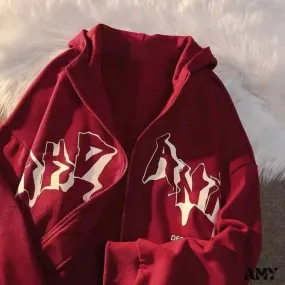 Amy Fashion - Letter Print Zip Up Hoodies