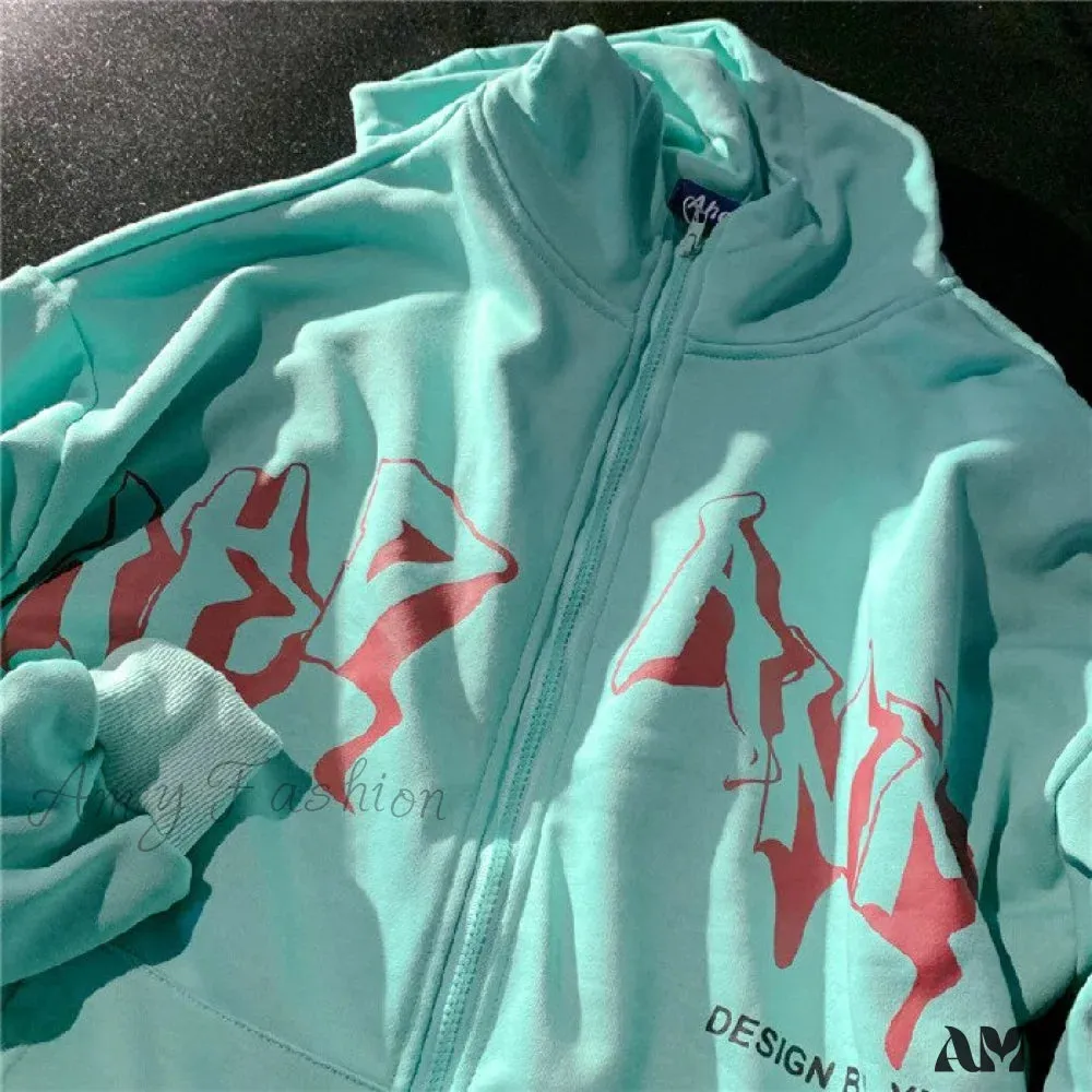 Amy Fashion - Letter Print Zip Up Hoodies