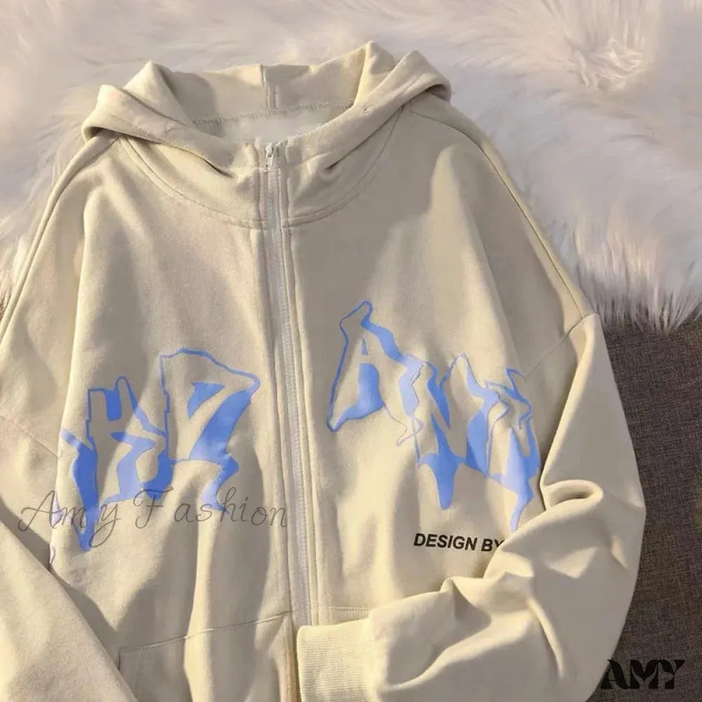 Amy Fashion - Letter Print Zip Up Hoodies