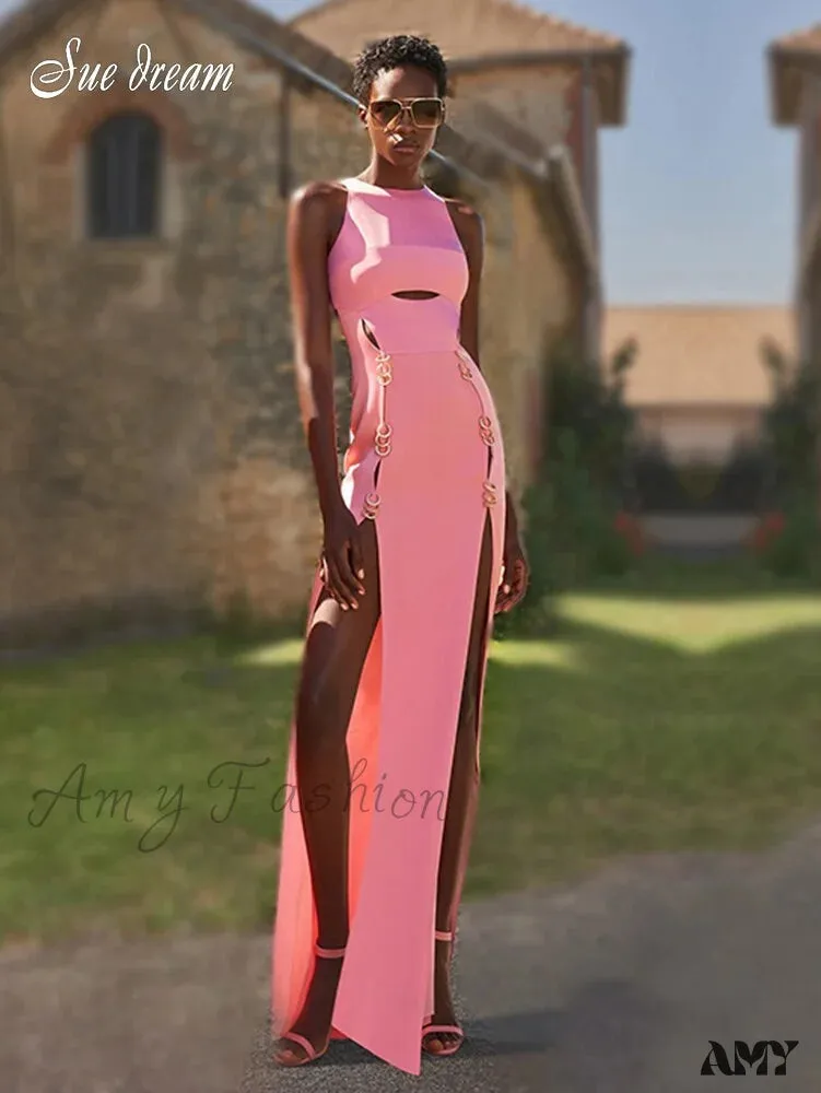 Amy Fashion - Metal Circle Design Bodycon Bandage Long Dresses