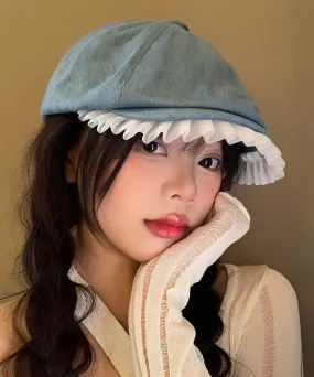 Art Light Blue Lace Ruffled Patchwork Denim Beret Hat WI017