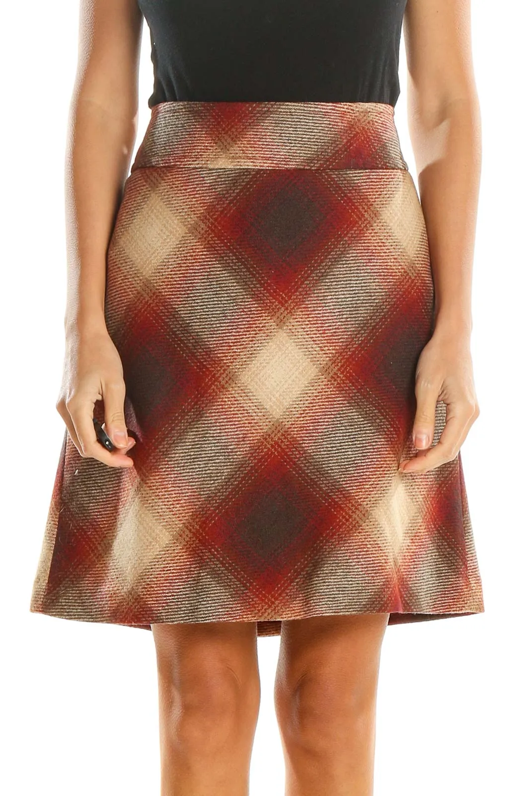 Beige Red Plaid Retro A-Line Skirt