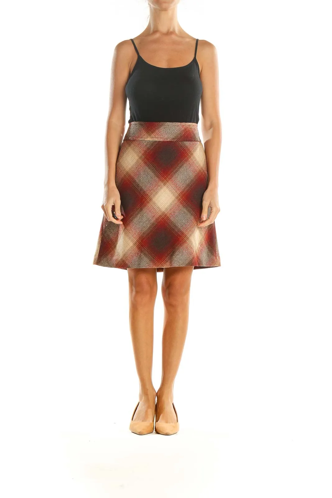 Beige Red Plaid Retro A-Line Skirt