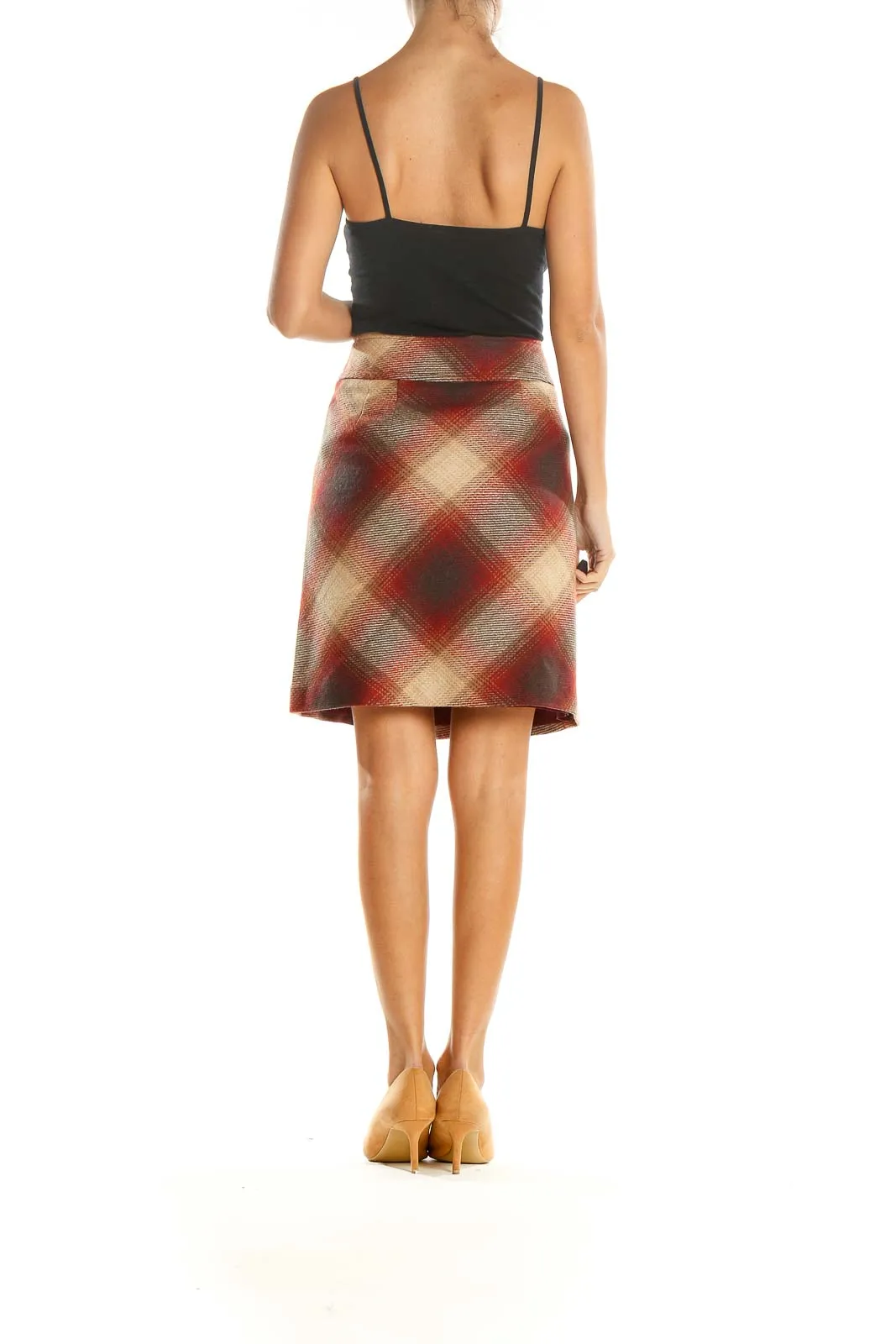 Beige Red Plaid Retro A-Line Skirt