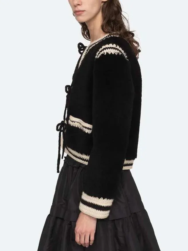 Bicolor Crochet Knit Faux-Fur Jacket