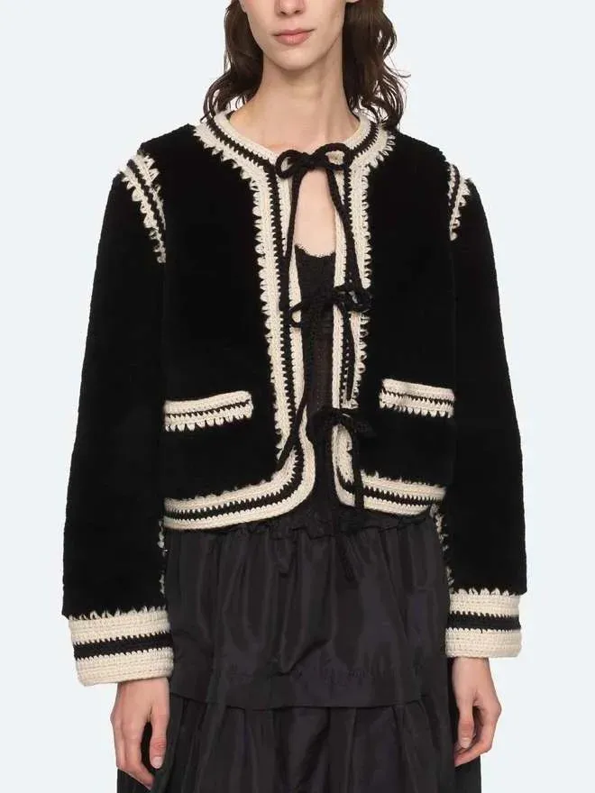 Bicolor Crochet Knit Faux-Fur Jacket