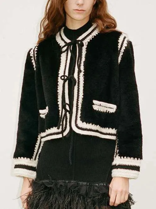 Bicolor Crochet Knit Faux-Fur Jacket