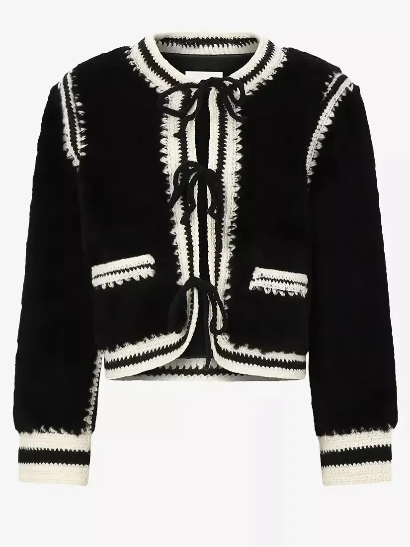 Bicolor Crochet Knit Faux-Fur Jacket