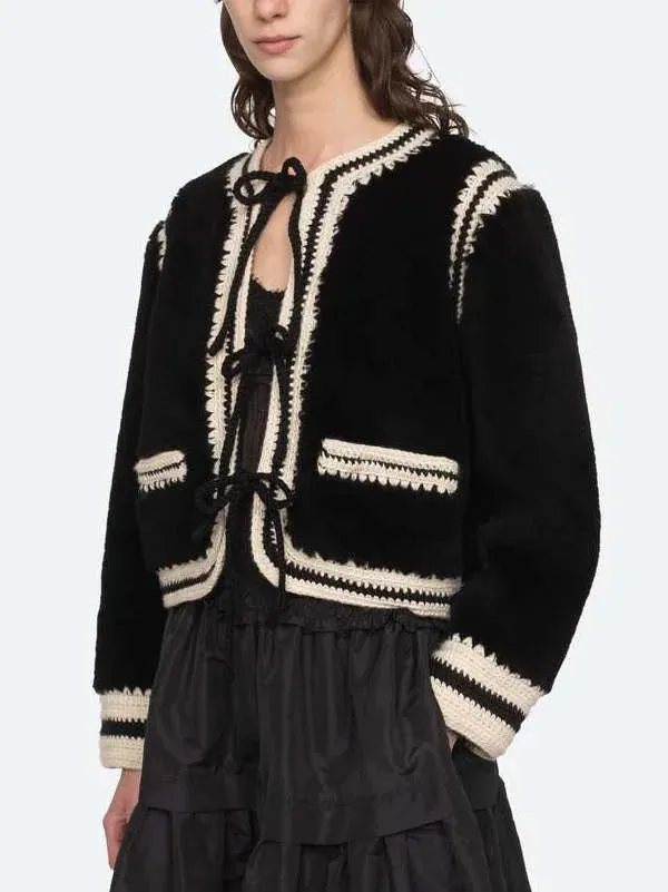 Bicolor Crochet Knit Faux-Fur Jacket