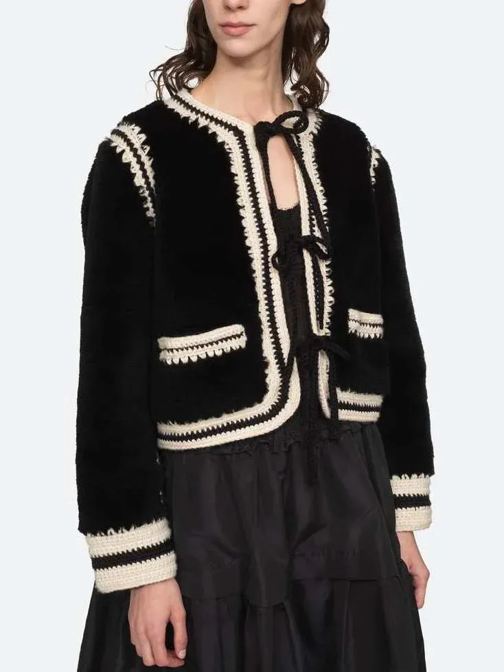 Bicolor Crochet Knit Faux-Fur Jacket