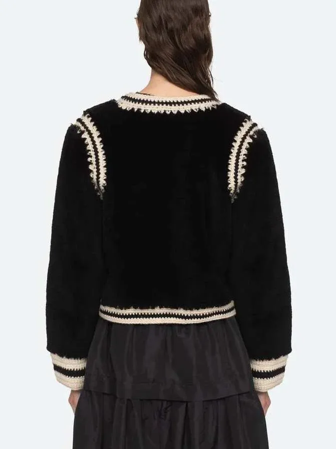 Bicolor Crochet Knit Faux-Fur Jacket