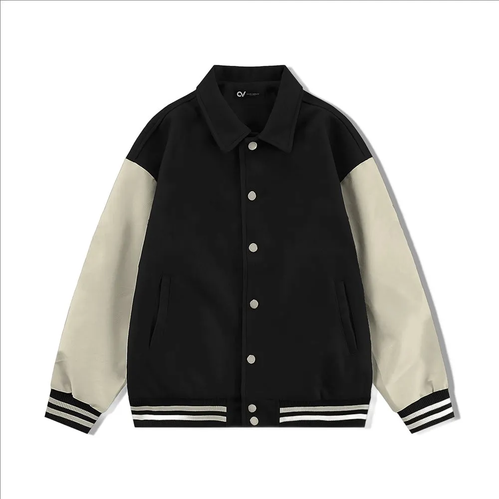 Black Byron Collar All Wool Varsity Jacket with Cream Sleeves - Jack N Hoods