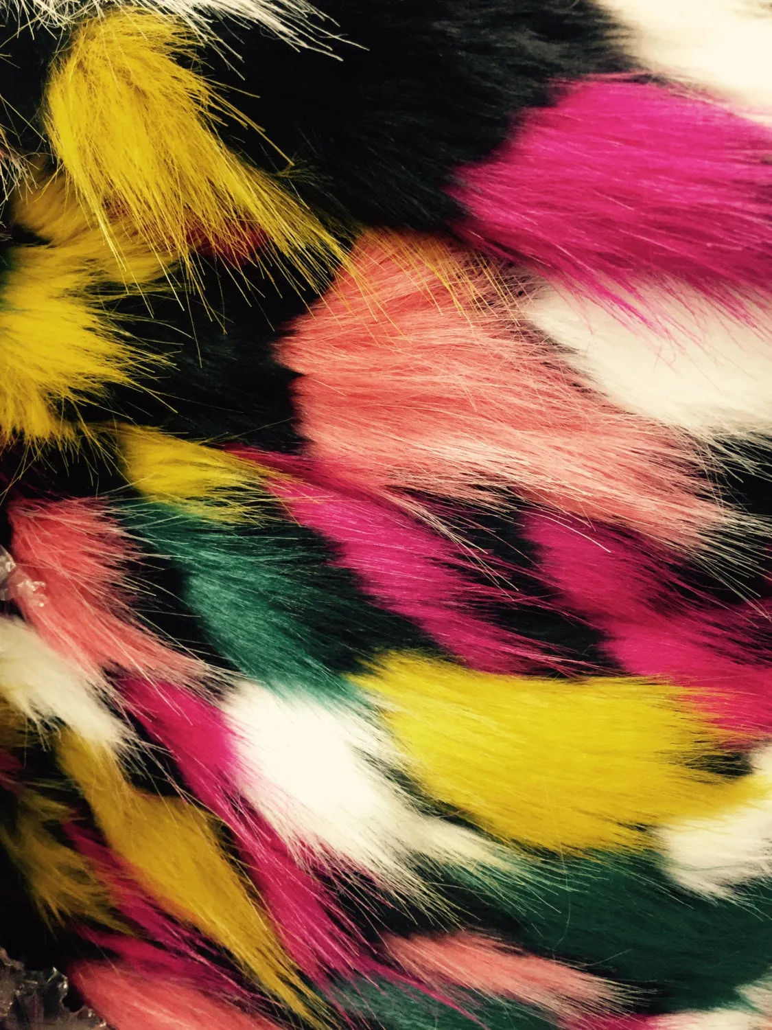 Black multi color jacquard faux fun fur-shaggyfun fur-super soft faux fun fur-sold by the yard.