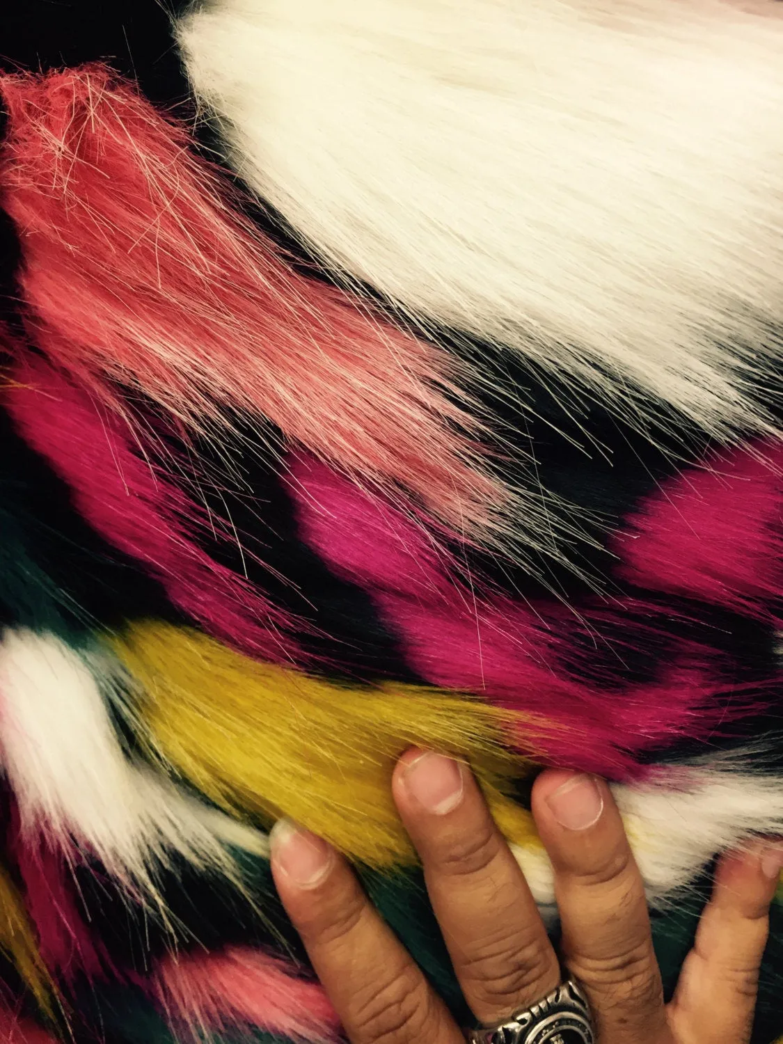 Black multi color jacquard faux fun fur-shaggyfun fur-super soft faux fun fur-sold by the yard.