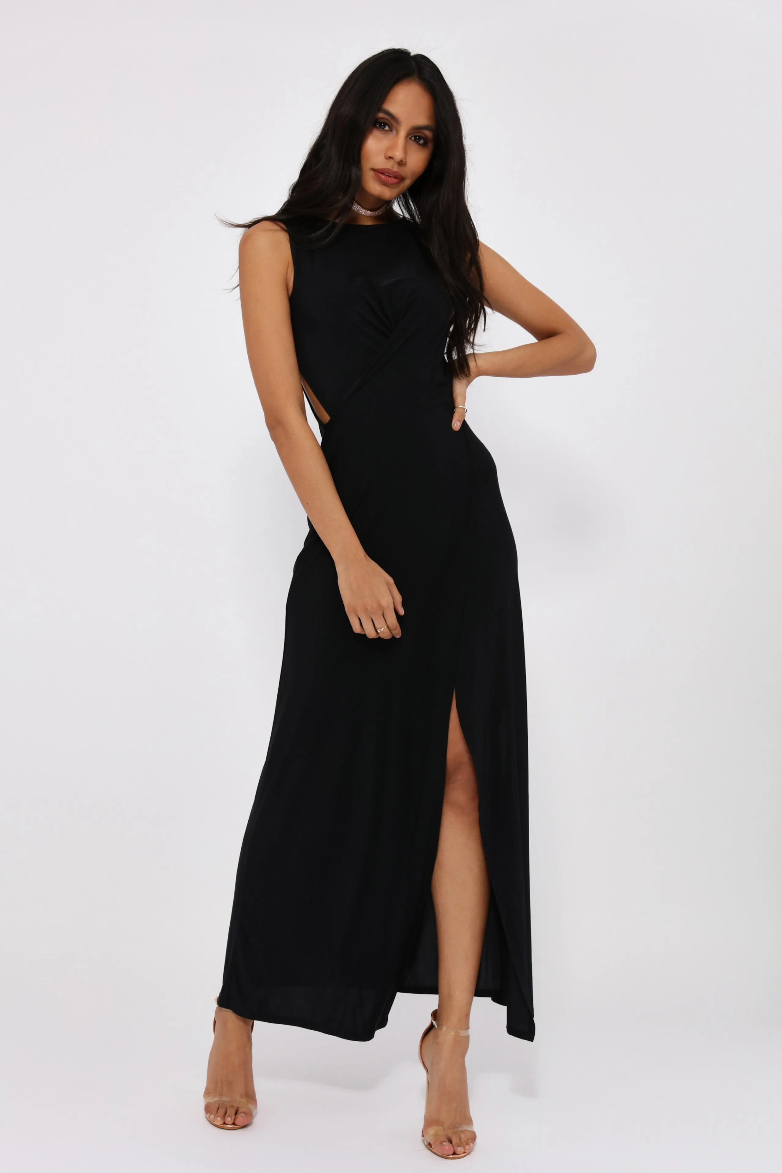 Black Overlap Wrap Maxi Dress