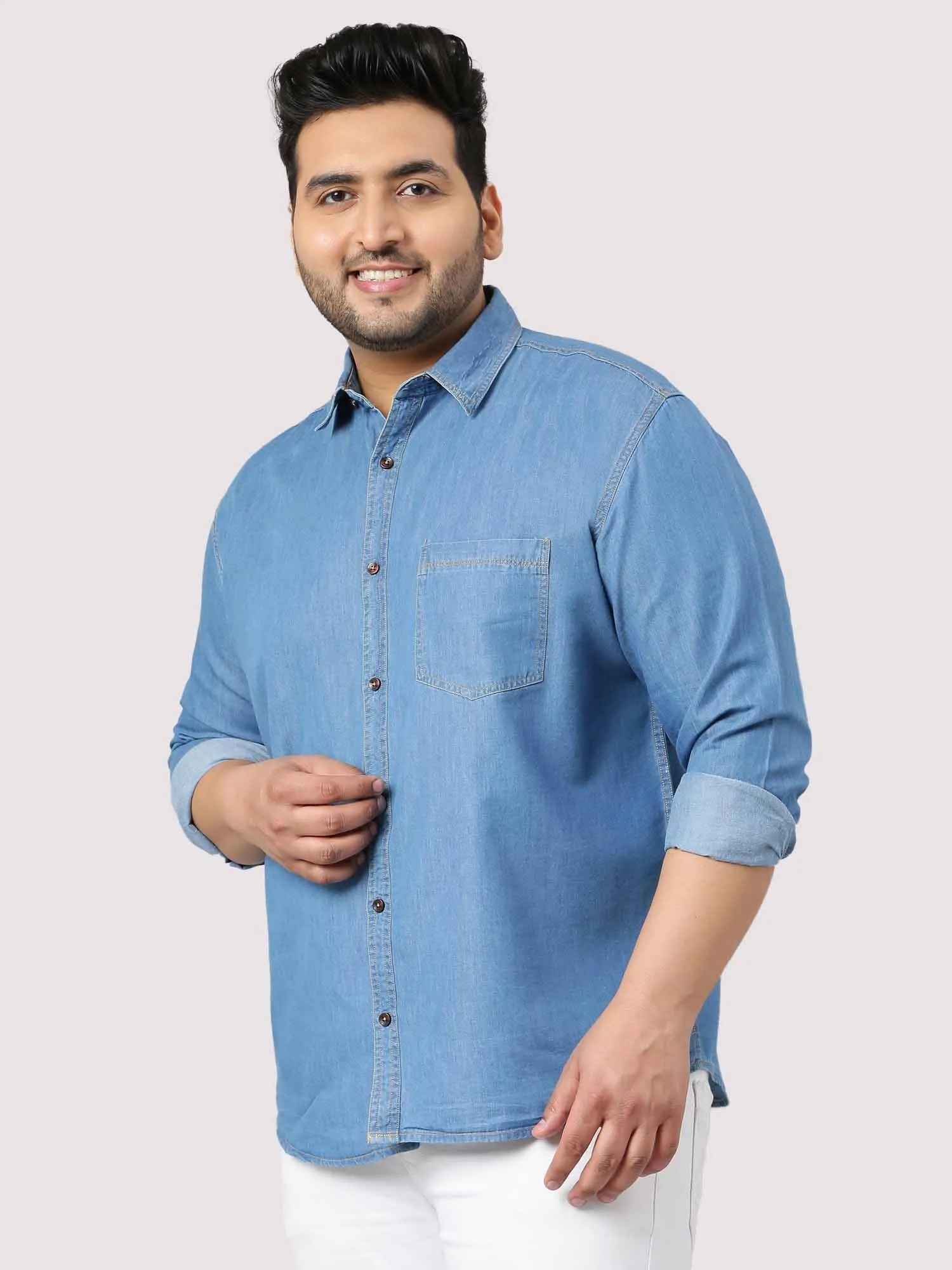 Blue Denim Single Pocket Full Sleeve Shirt Men's Plus Size