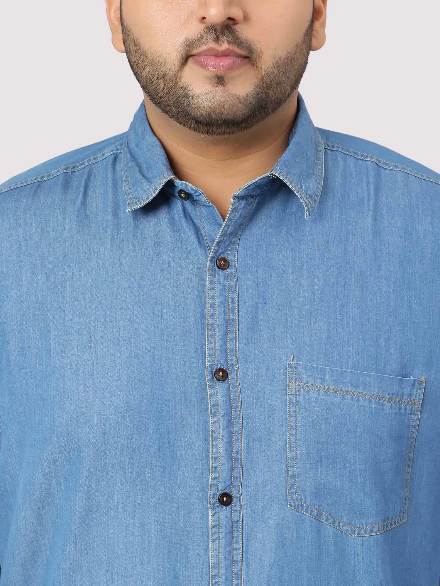 Blue Denim Single Pocket Full Sleeve Shirt Men's Plus Size