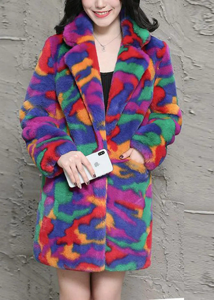 Bohemian Multicolor Oversized Tie Dye Faux Fur Jackets Winter LY9412