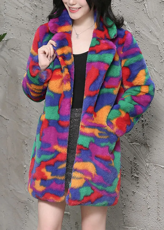 Bohemian Multicolor Oversized Tie Dye Faux Fur Jackets Winter LY9412