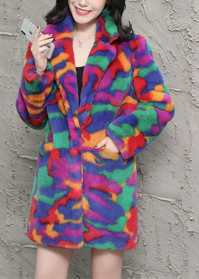 Bohemian Multicolor Oversized Tie Dye Faux Fur Jackets Winter LY9412