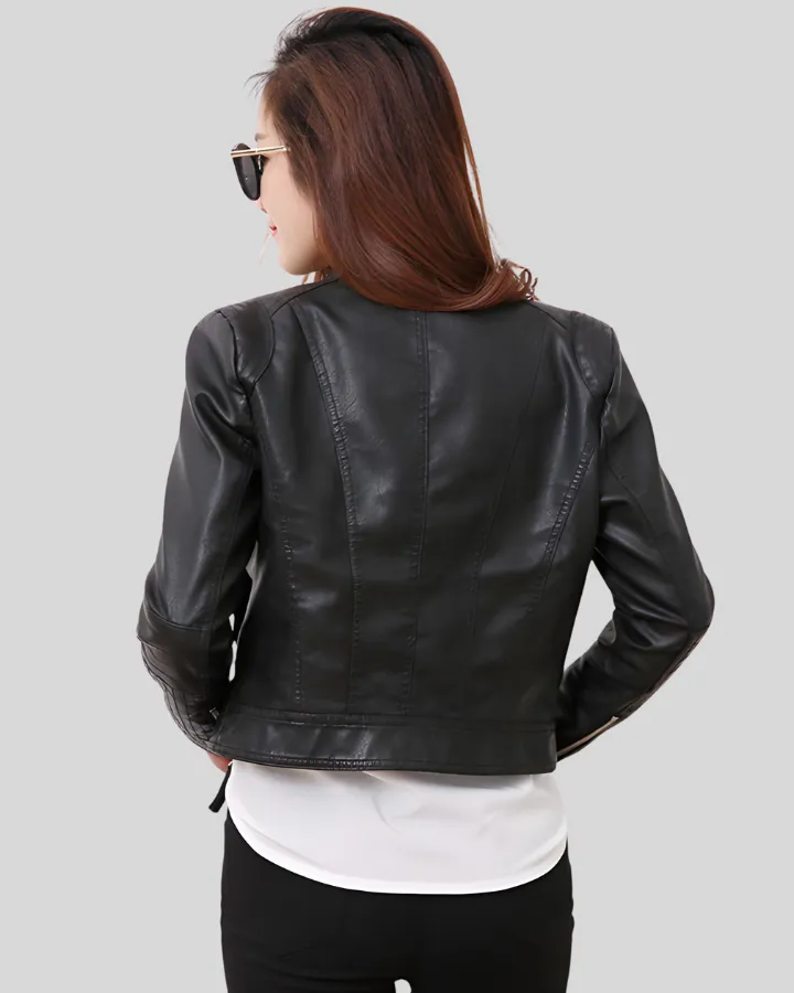 City Sleek Women's Fitted Black Leather Jacket with Textured Sleeves