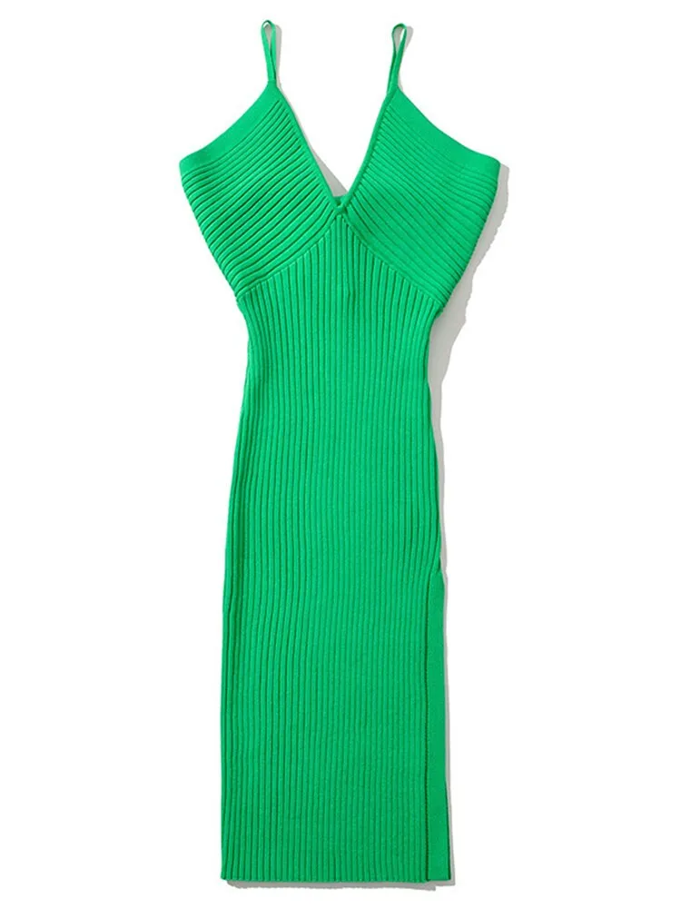 Deep V-neck Sleeveless Solid Color Spaghetti Strap Knit Maxi Dress (5 colors)