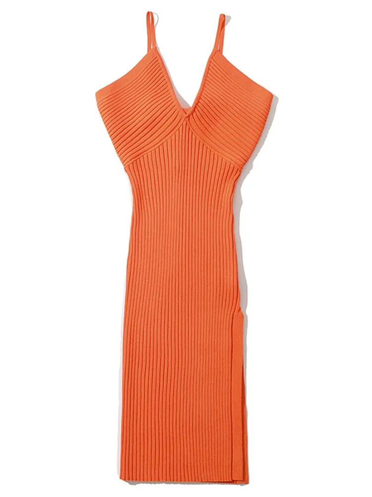 Deep V-neck Sleeveless Solid Color Spaghetti Strap Knit Maxi Dress (5 colors)