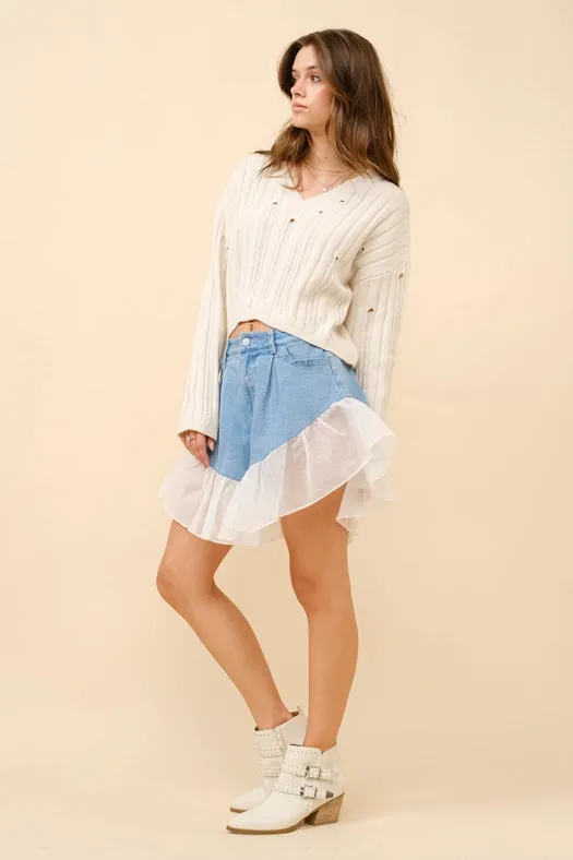 Denim Ruffle Contrast Shorts