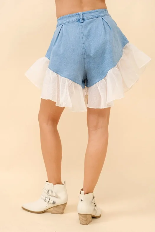 Denim Ruffle Contrast Shorts