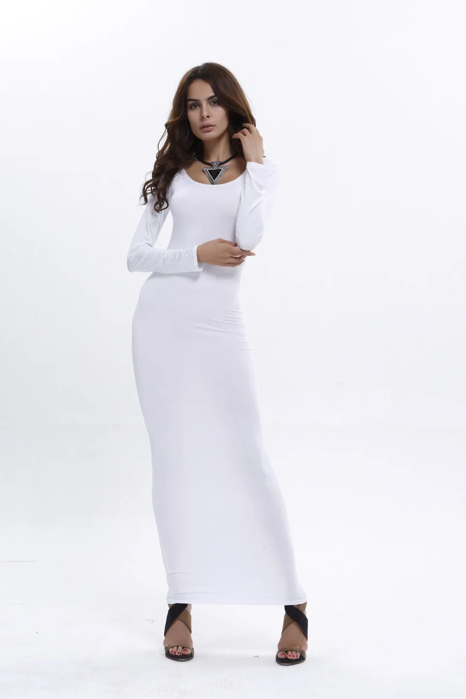 Elegant Pure Color Long Sleeve Scoop Long Bodycon Dress