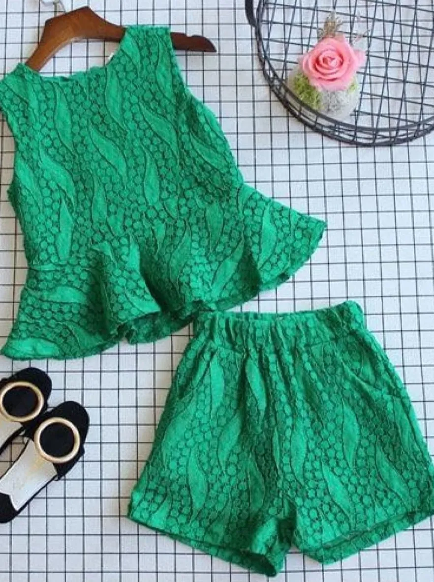 Girls Green Summer Lace Peplum Top And Short Set