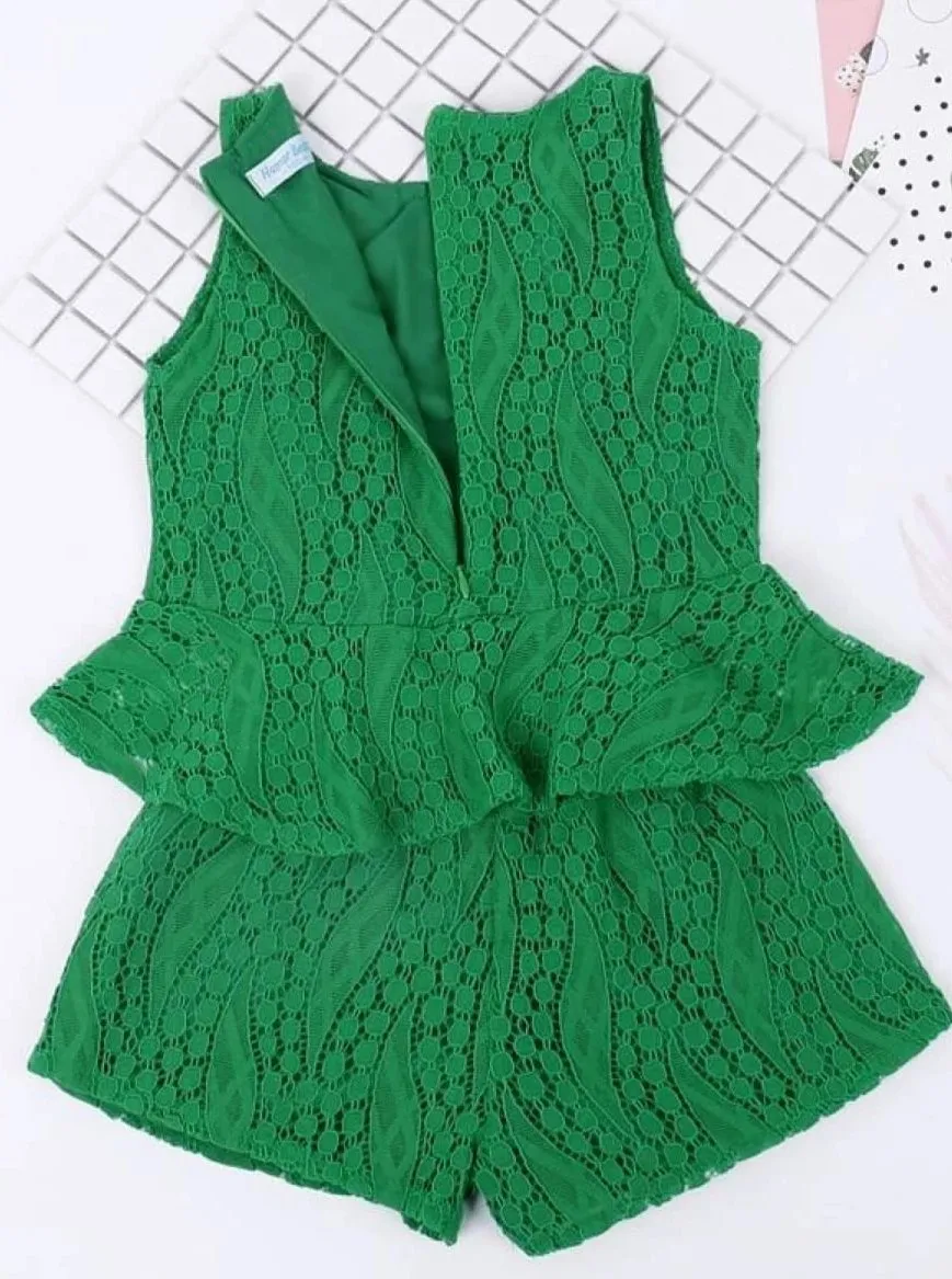 Girls Green Summer Lace Peplum Top And Short Set