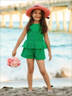 Girls Green Summer Lace Peplum Top And Short Set