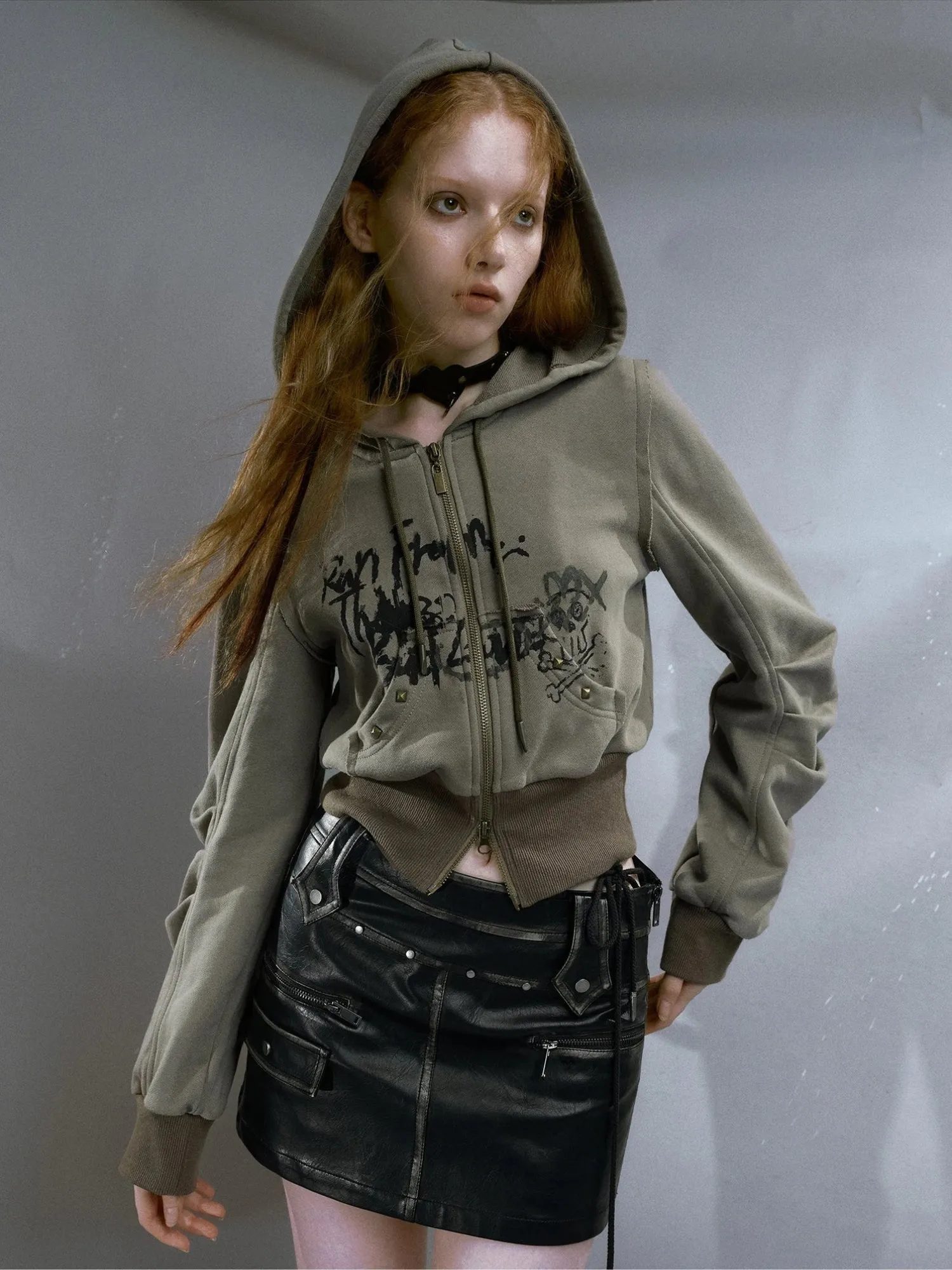 Grunge Ruched Sleeve Hoodie