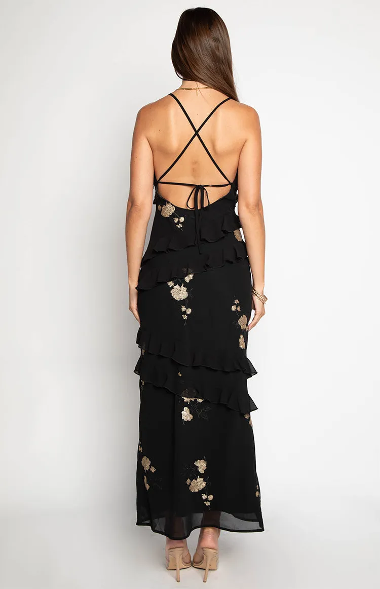 Inara Black Sequin Ruffle Maxi Dress