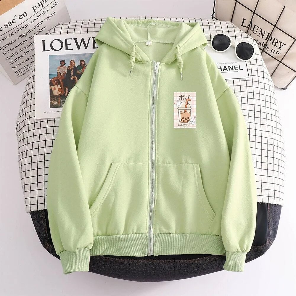 Kawaii Boba Milk Tea Soft Zip-Up Hoodie