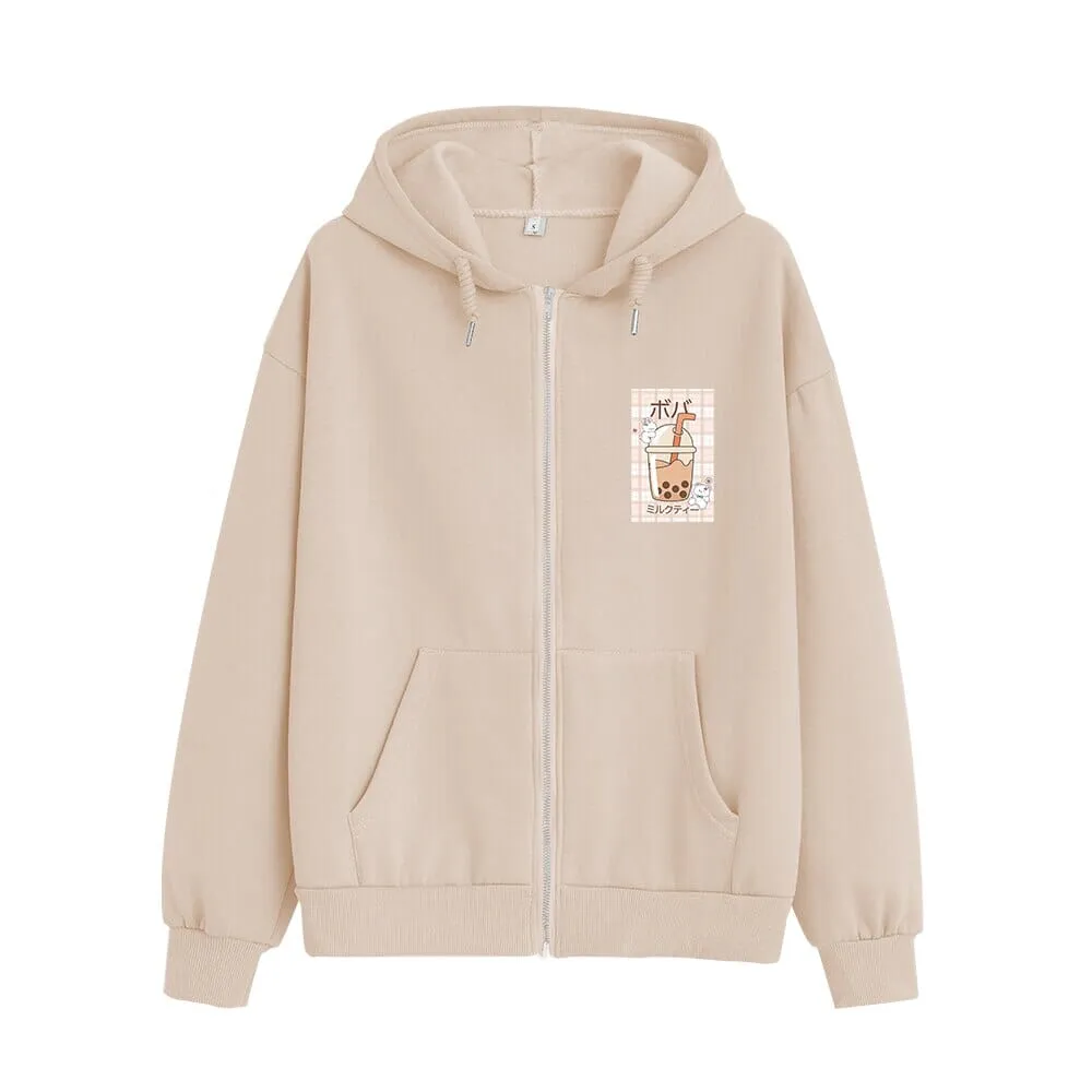 Kawaii Boba Milk Tea Soft Zip-Up Hoodie