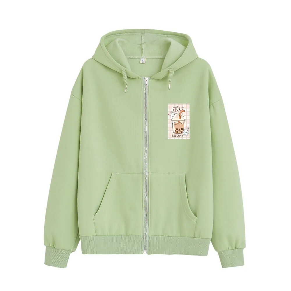 Kawaii Boba Milk Tea Soft Zip-Up Hoodie