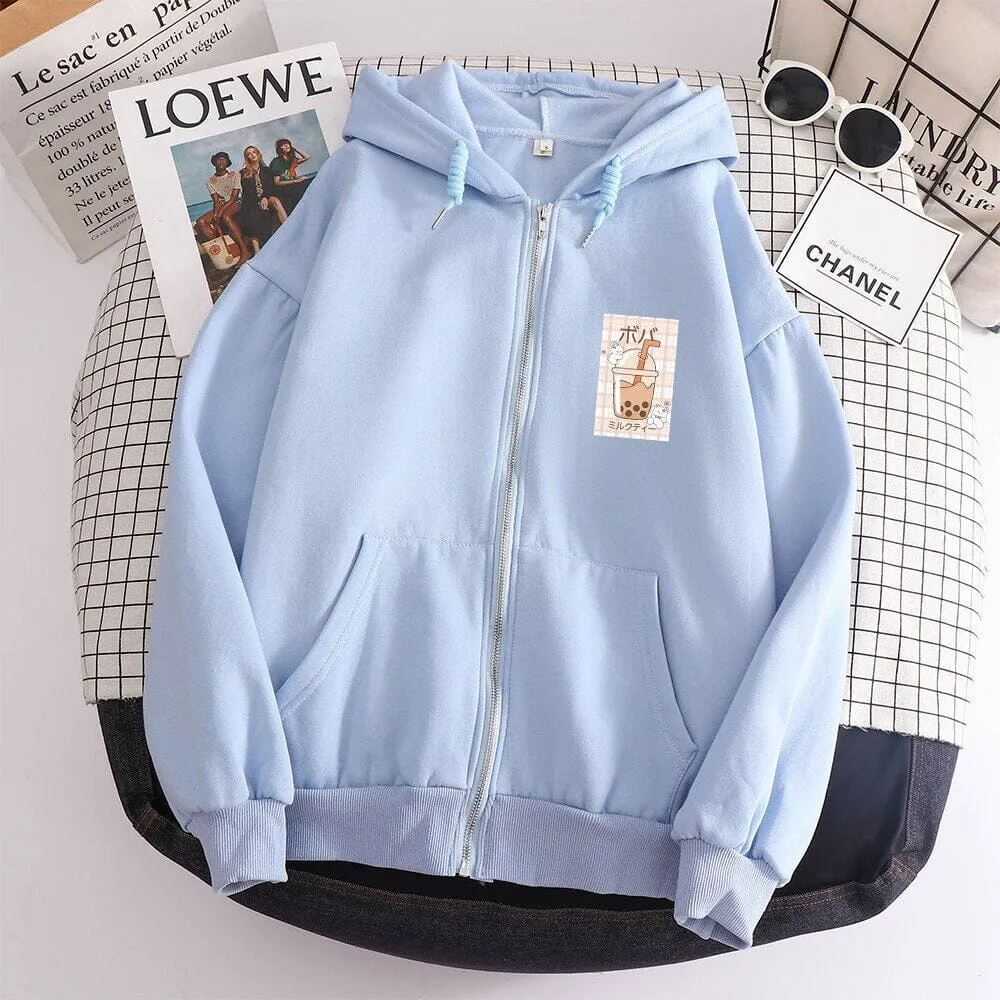 Kawaii Boba Milk Tea Soft Zip-Up Hoodie