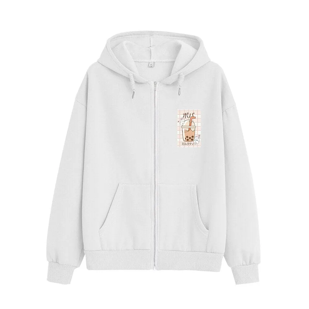 Kawaii Boba Milk Tea Soft Zip-Up Hoodie