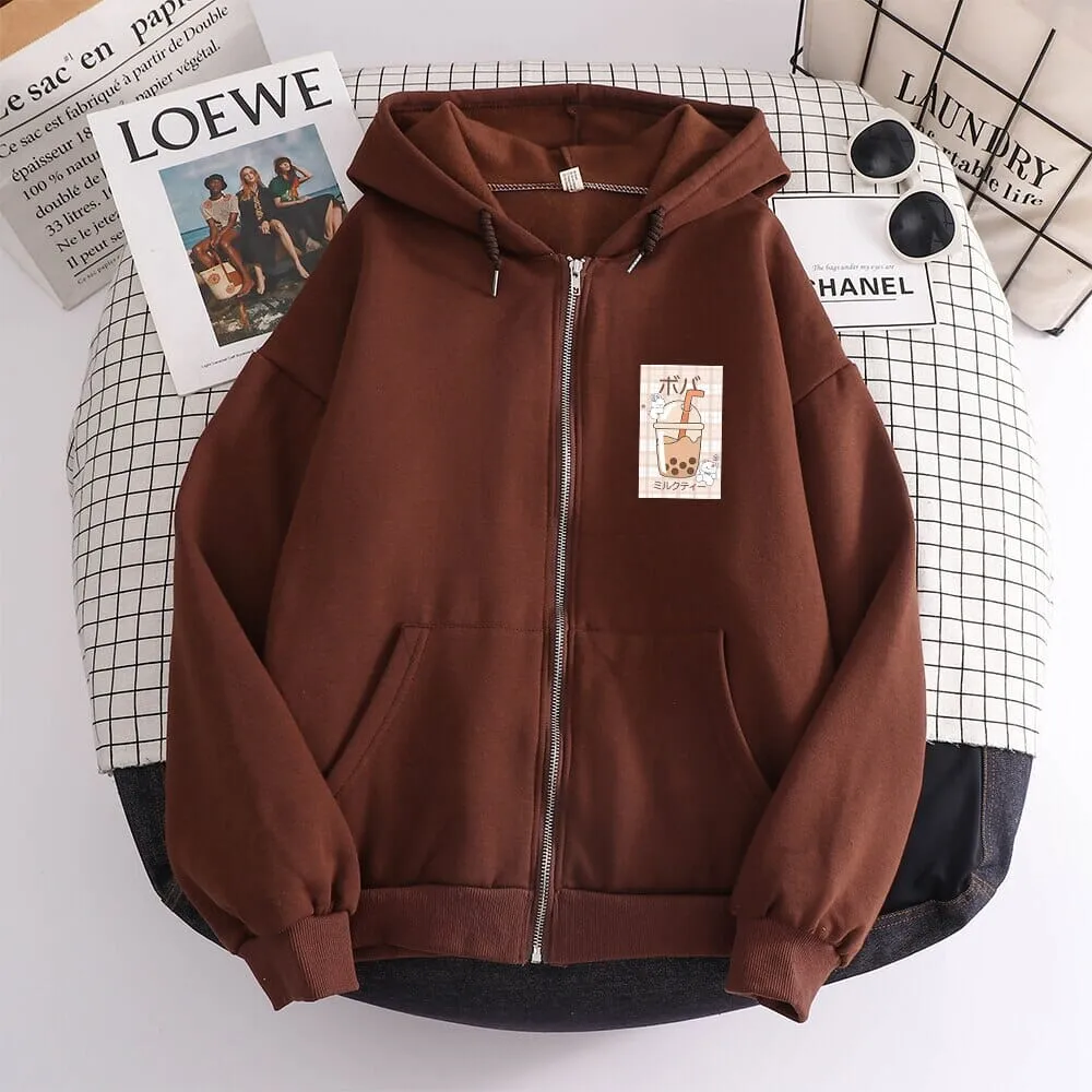 Kawaii Boba Milk Tea Soft Zip-Up Hoodie