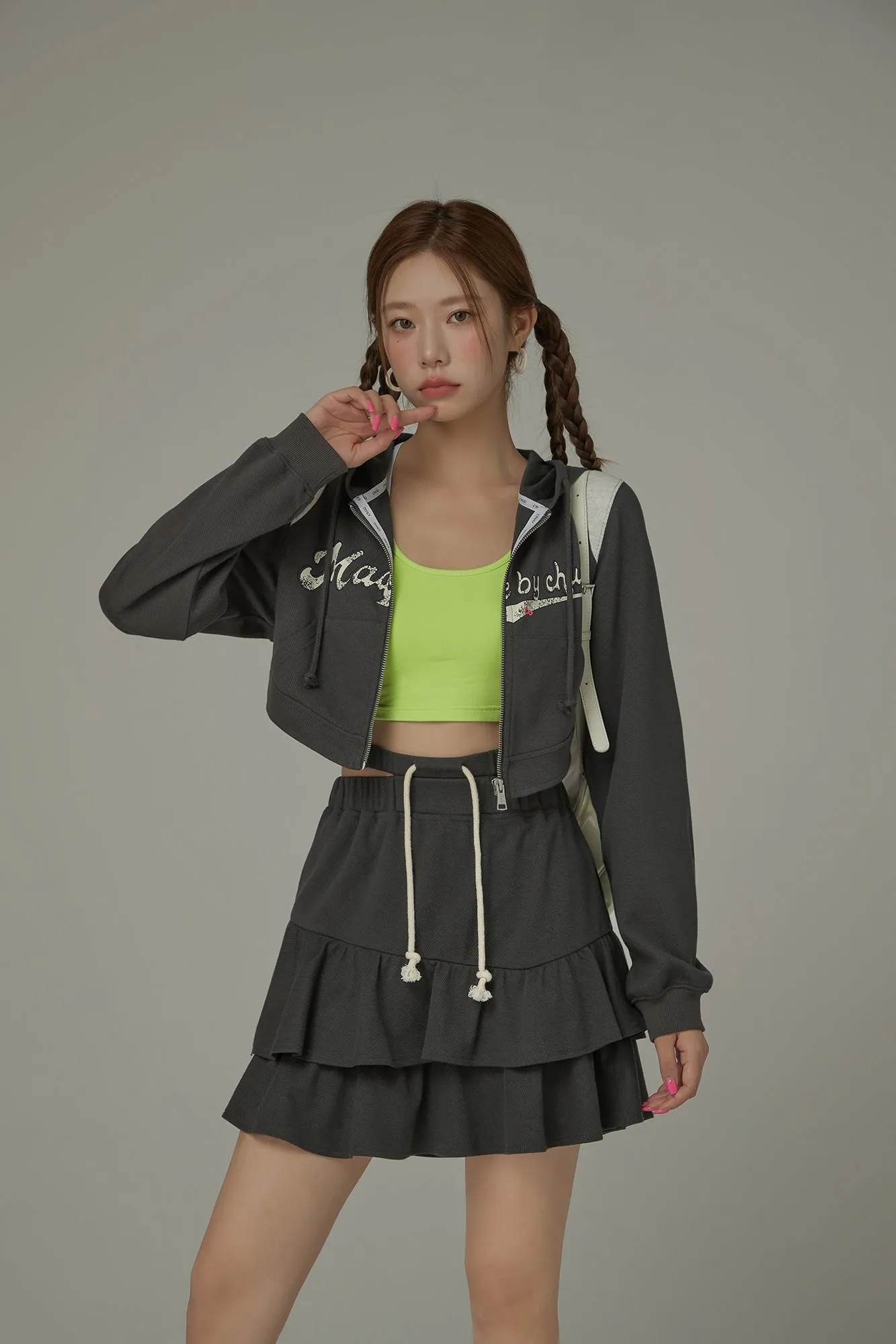 Lettering Cropped Sporty Zip-Up Hoodie