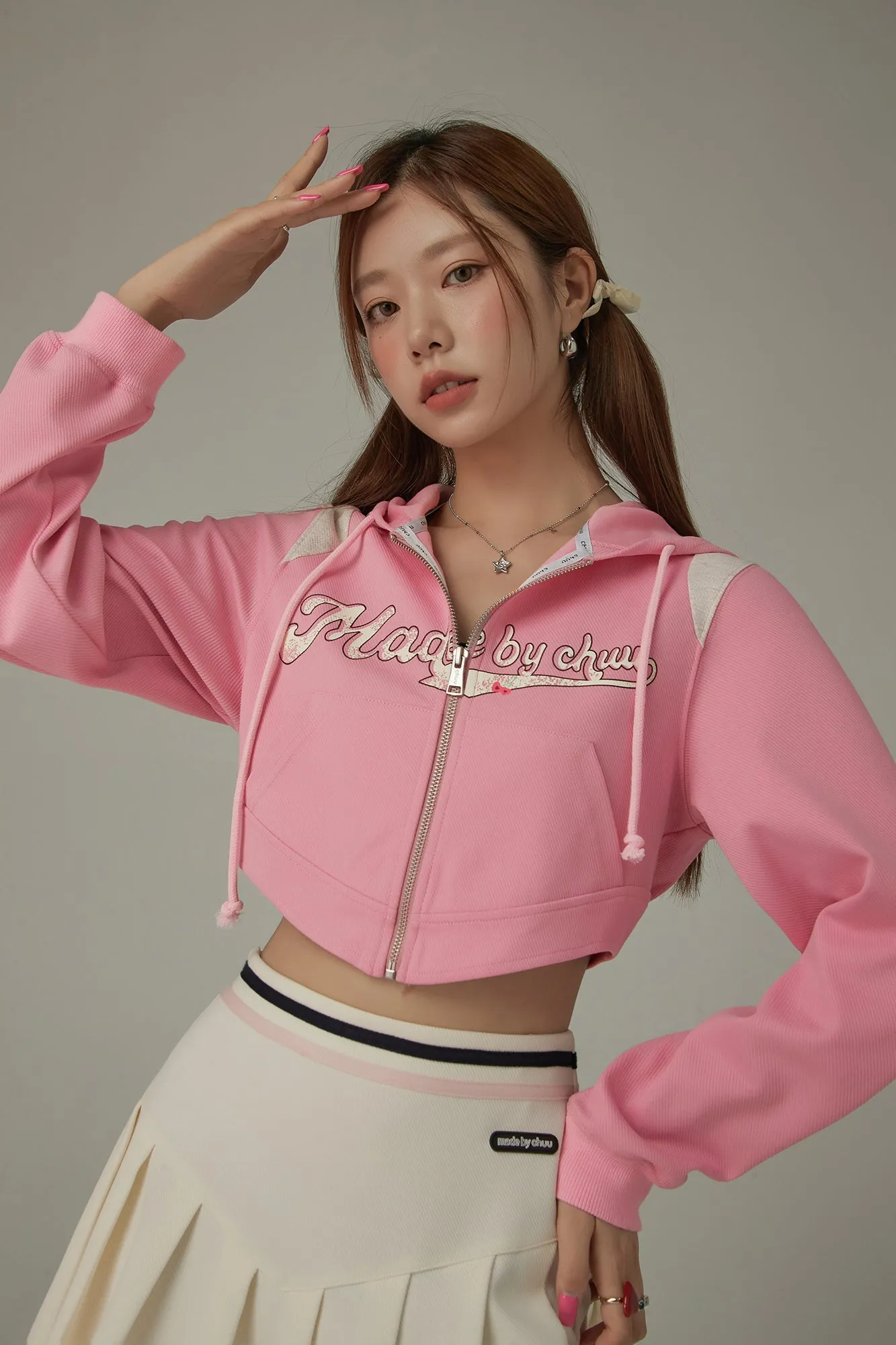 Lettering Cropped Sporty Zip-Up Hoodie