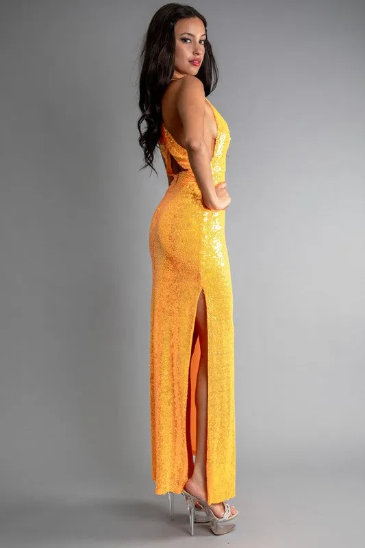 Orange Multi Color Sequin Halter Neck Deep V-Neck Keyhole