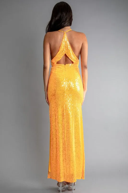 Orange Multi Color Sequin Halter Neck Deep V-Neck Keyhole