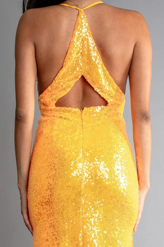 Orange Multi Color Sequin Halter Neck Deep V-Neck Keyhole