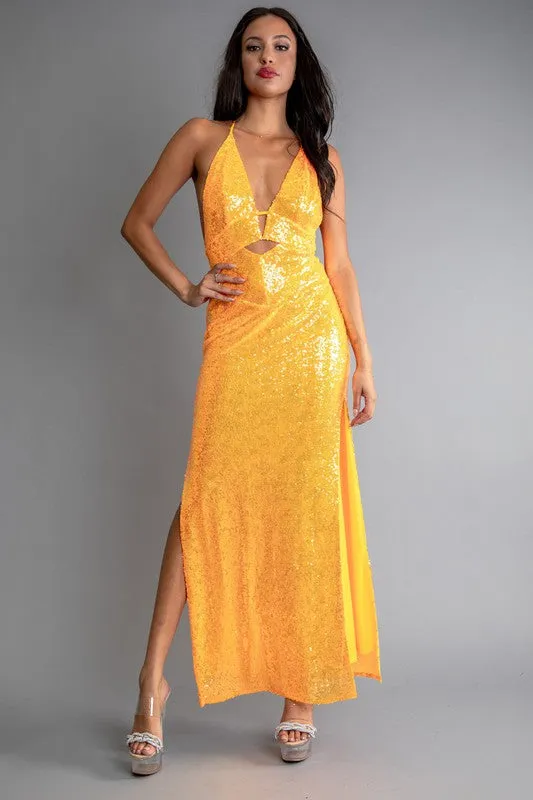 Orange Multi Color Sequin Halter Neck Deep V-Neck Keyhole