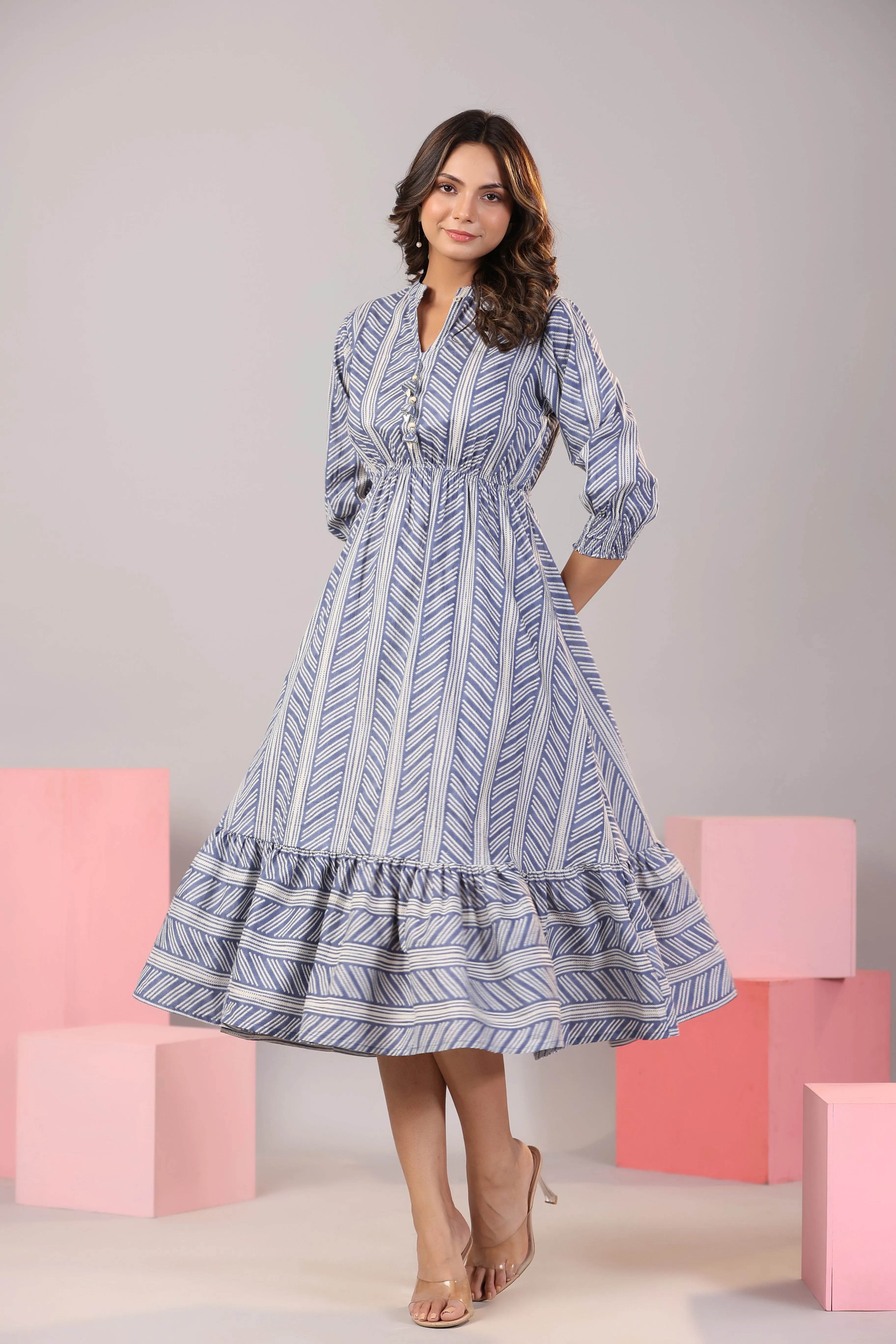 Patterned Shibori on Blue MIDI Cotton Dress