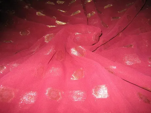 Polyester georgette fabric with metalic silver &amp; gold jacquard~dark Pink colour